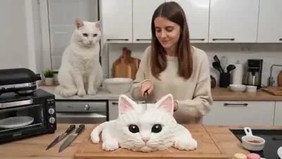 One-take UGC video of a woman cutting a cake and a cat
